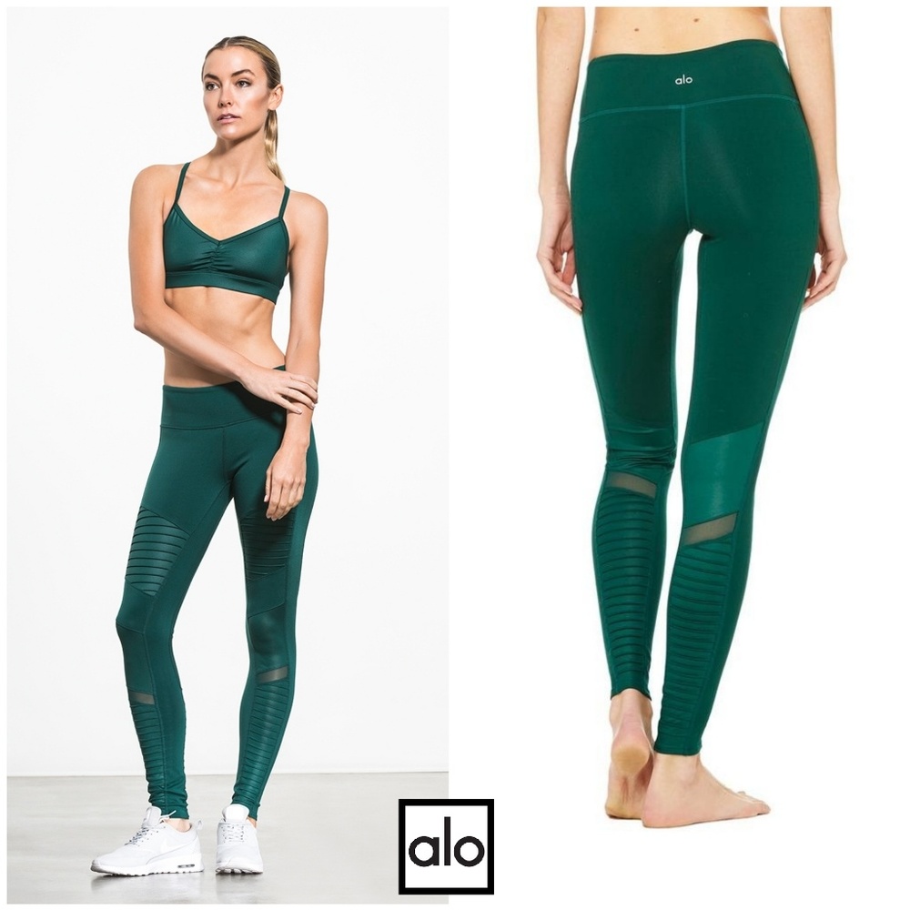 ALO YOGA MOTO LEGGINGS EMERALD GREEN SIZE MEDIUM